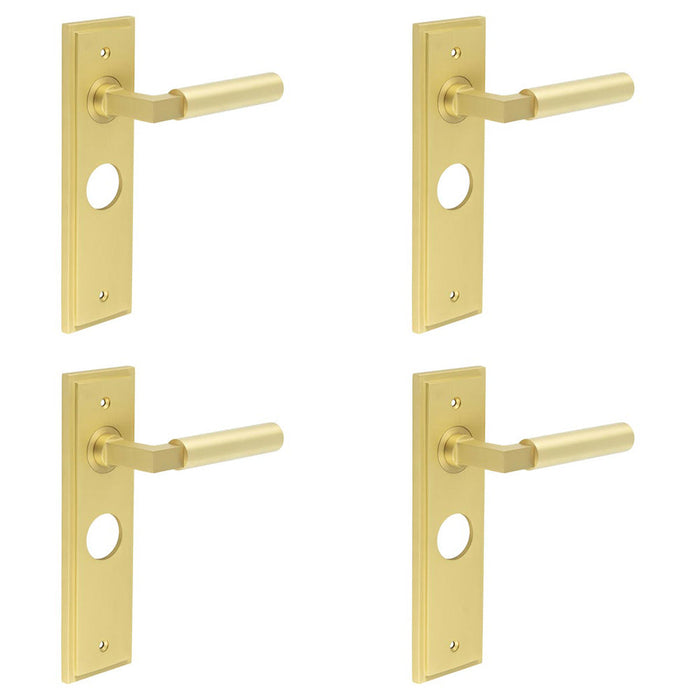 PACK Satin Brass Bathroom Door Handle with Backplate Modern Homes Solid Brass Interior Lever