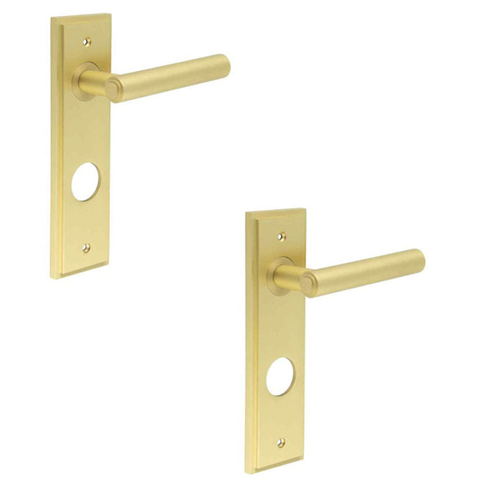 PACK Elegant Satin Brass Bathroom Door Handle with Versatile Backplate Options Solid Brass Interior Lever (1)