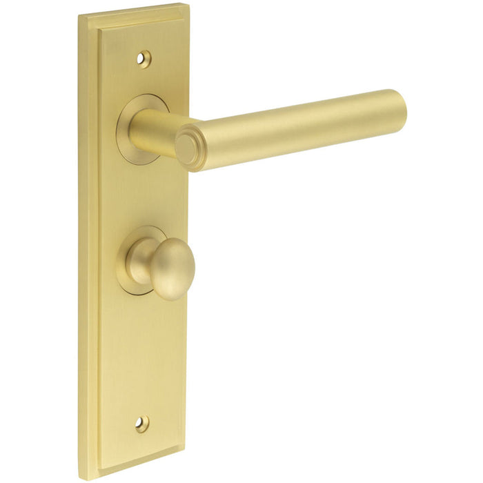 Satin Brass Bathroom Door Handle with Backplate Turn Release Mechanism Solid Brass Interior Lever