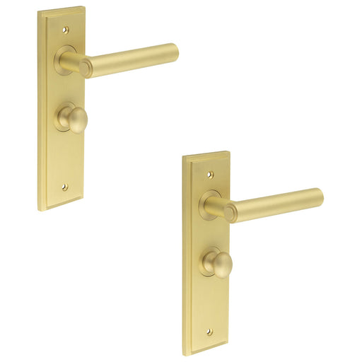 PACK Satin Brass Bathroom Door Handle with Backplate Turn Release Mechanism Solid Brass Interior Lever (1)