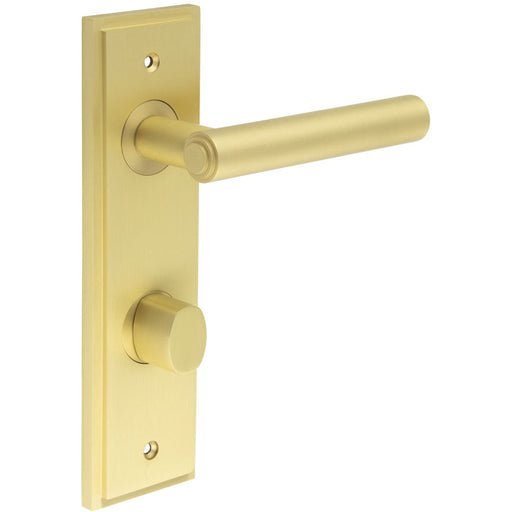 Satin Brass Bathroom Door Handle with Turn Release Backplate Solid Brass Interior Lever (1)