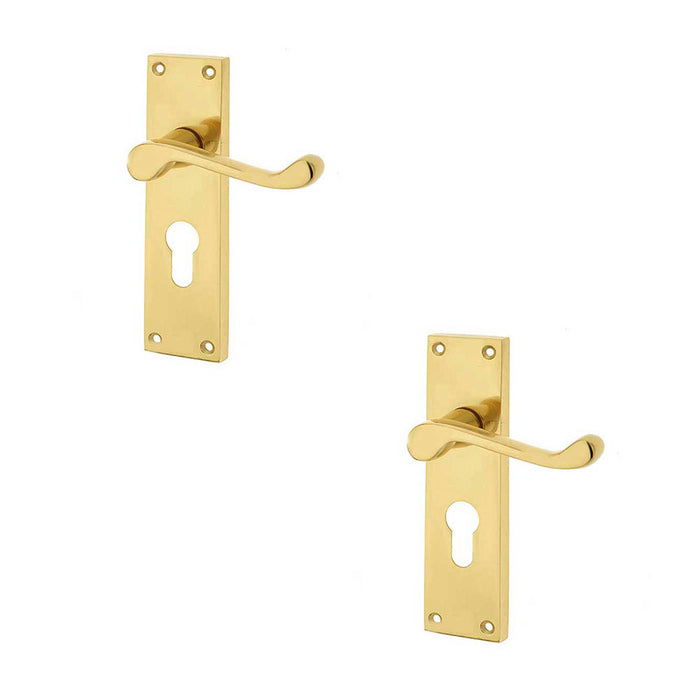 PACK Elegant Victorian Scroll Door Handle with Euro Profile Lockplate Polished Brass Finish Interior Lever Backplate (1)