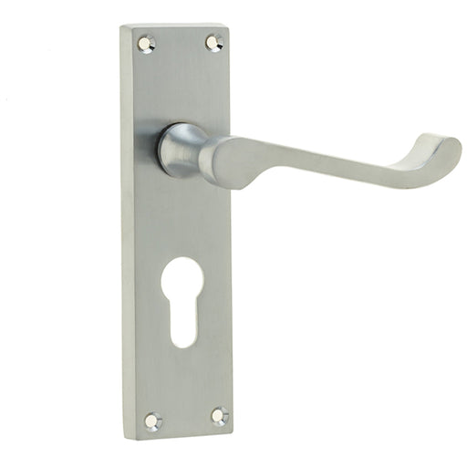 Elegant Victorian Scroll Door Handle with Satin Chrome Finish Euro Profile Locks Interior Lever Backplate