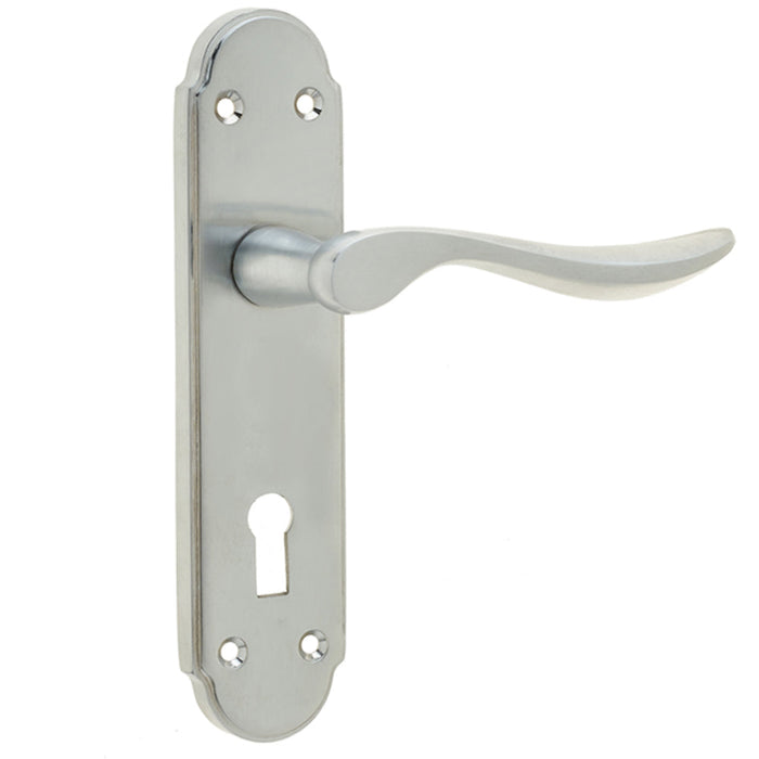 Victorian Style Satin Chrome Suite Door Handle with Lockplate Interior Lever Backplate