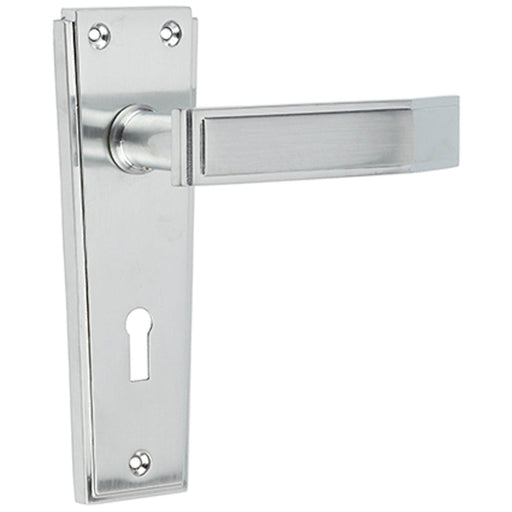 Deco Satin Chrome Door Handle with Lockplate Interior Lever Backplate