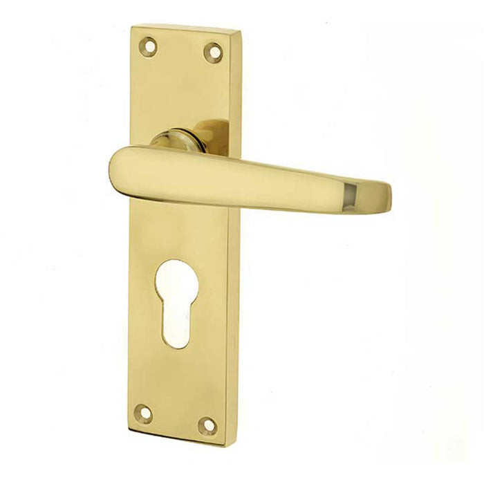 Elegant Victorian Straight Door Handle Polished Brass Euro Profile Lockplates Interior Lever Backplate