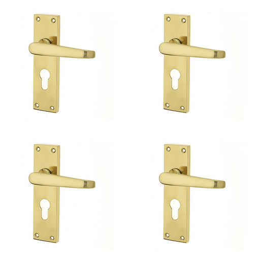 PACK Elegant Victorian Straight Door Handle Polished Brass Euro Profile Lockplates Interior Lever Backplate