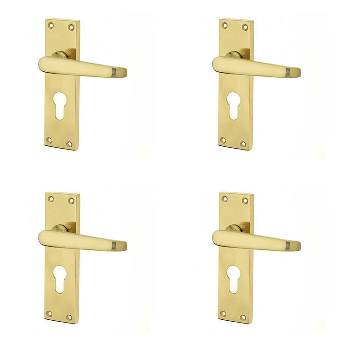 PACK Elegant Victorian Straight Door Handle Polished Brass Euro Profile Lockplates Interior Lever Backplate