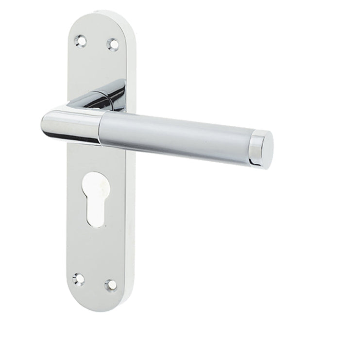 Mitred Suite Door Handle with Euro Profile Lockplate Polished Satin Chrome Finish Interior Lever Backplate