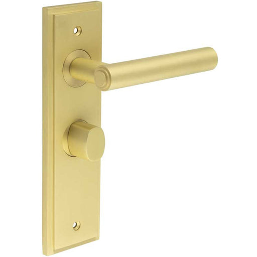 Satin Brass Bathroom Door Handle with Turn Release Backplate Solid Brass Interior Lever