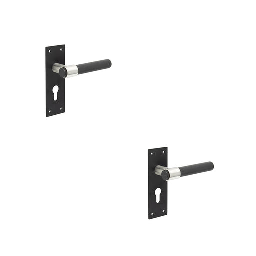 PACK Modern T-Bar Door Handle with Euro Profile Lockplate Sleek Black Finish Interior Lever Backplate (1)