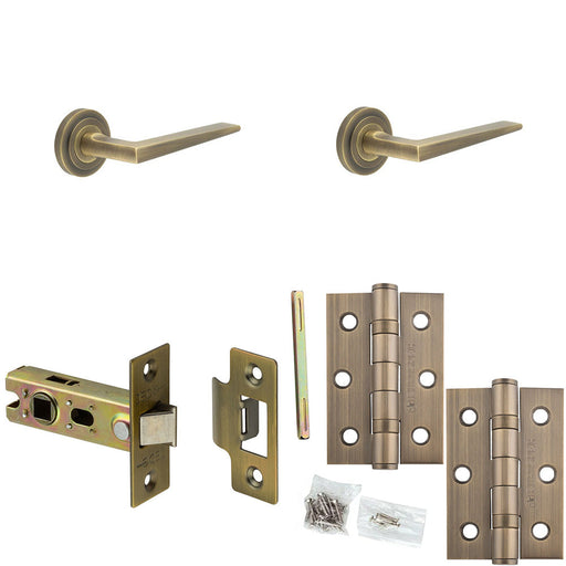 Door Handle Latch Antique Brass Slim Mitred Lever Round Stepped Rose