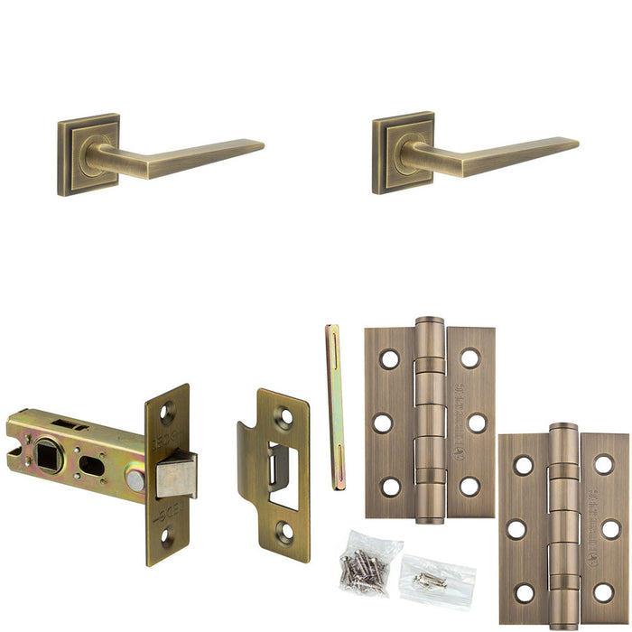 Door Handle Latch Antique Brass Slim Mitred Lever Square Stepped Rose