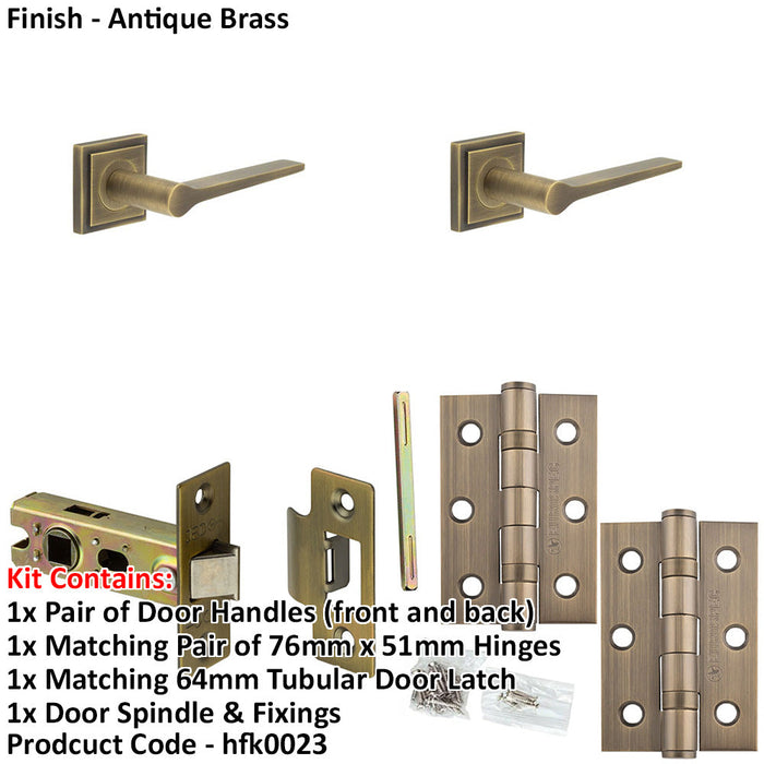 Door Handle Latch Antique Brass Slim Tapered Lever Square Stepped Rose-1