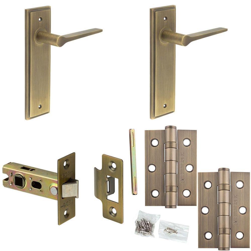 Door Handle & Latch Set Antique Brass Slim Tapered Lever Latch Backpla ...