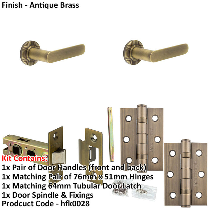 Door Handle Latch Antique Brass Flat Lever Round Reeded Rose-1