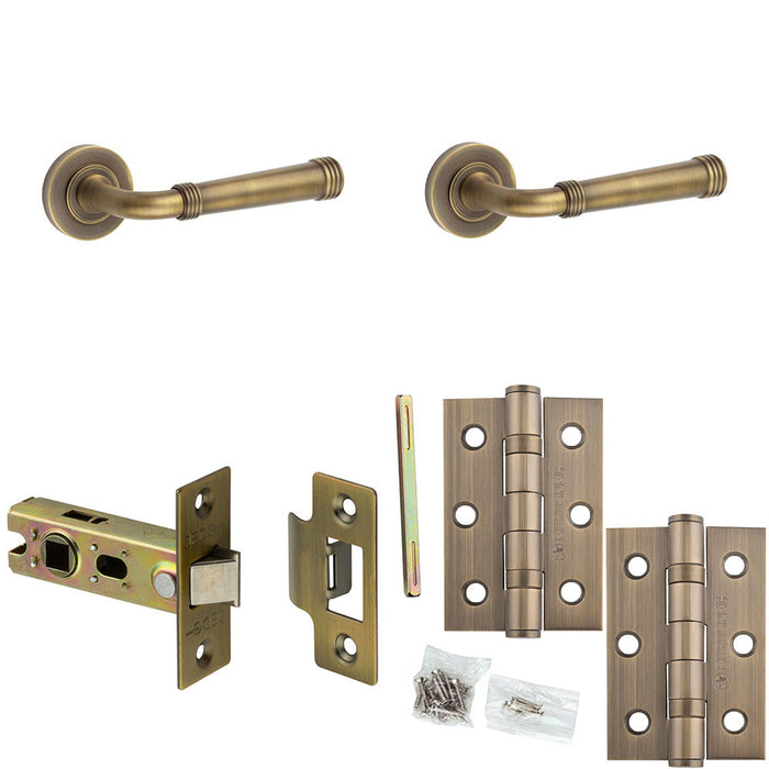 Door Handle Latch Antique Brass Grooved Premium Rounded Lever Round Plain Rose