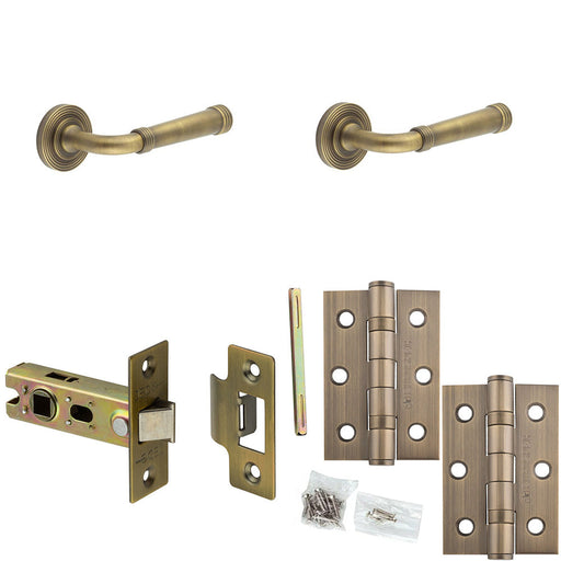 Door Handle Latch Antique Brass Grooved Premium Rounded Lever Round Reeded Rose