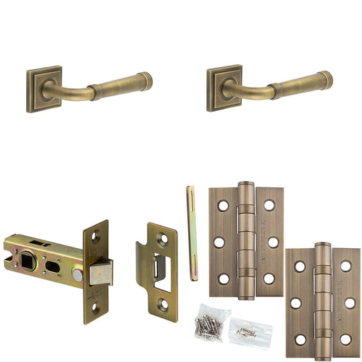 Door Handle Latch Antique Brass Grooved Premium Rounded Lever Square Stepped Rose