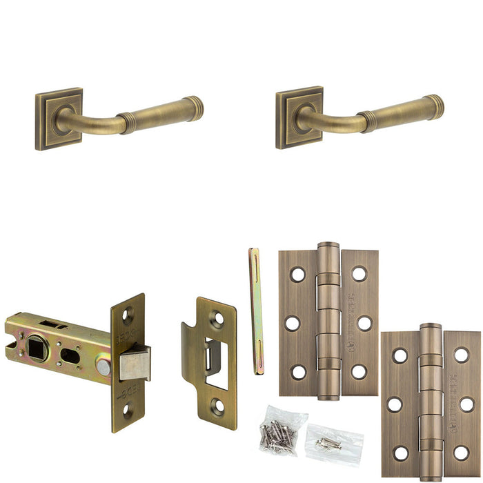 Door Handle Latch Antique Brass Grooved Premium Rounded Lever Square Stepped Rose