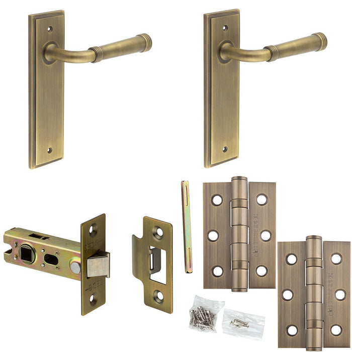 Door Handle Latch Antique Brass Grooved Premium Rounded Lever Latch Backplate