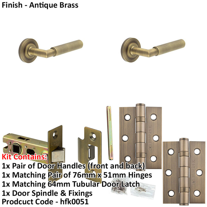 Door Handle Latch Antique Brass Knurled Premium Rounded Lever Round Reeded Rose-1