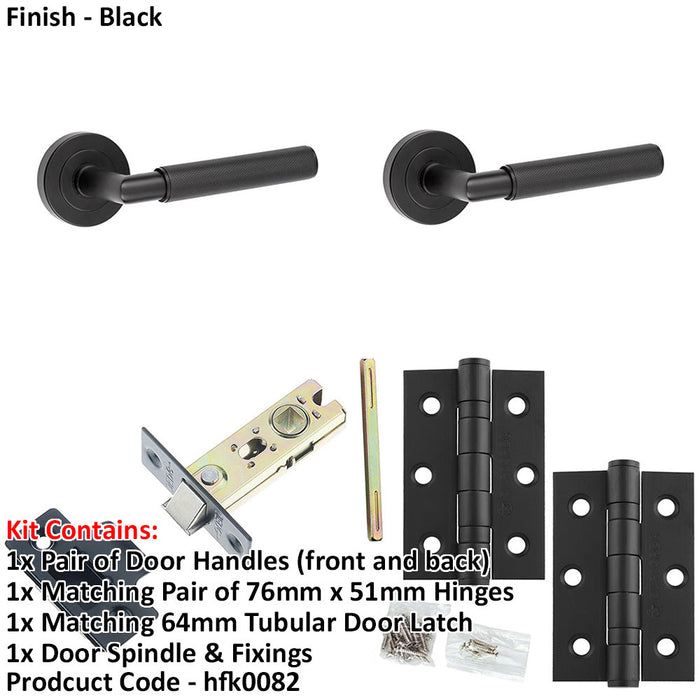 Door Handle Latch Black Mitred Knurled Premium Rounded Lever Round Plain Rose-1