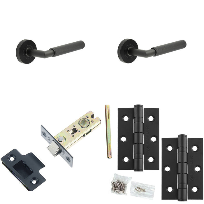 Door Handle Latch Black Mitred Knurled Premium Rounded Lever Round Plain Rose (1)