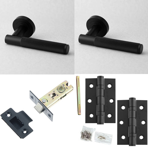 Door Handle Latch Black Knurled Premium Rounded Lever Round Plain Rose (1)