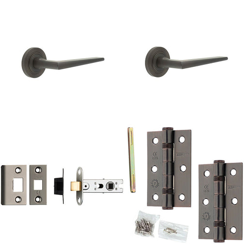 Door Handle Latch Dark Bronze Slim Mitred Lever Round Reeded Rose