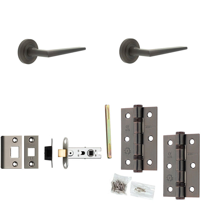Door Handle Latch Dark Bronze Slim Mitred Lever Round Reeded Rose