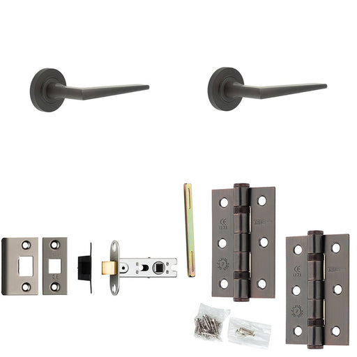 Door Handle Latch Dark Bronze Slim Mitred Lever Round Knurled Rose
