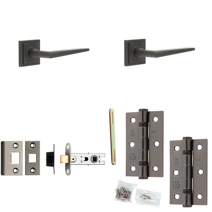 Door Handle Latch Dark Bronze Slim Mitred Lever Square Stepped Rose