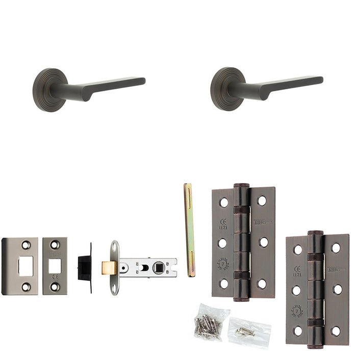 Door Handle Latch Dark Bronze Slim Rounded Lever Round Reeded Rose