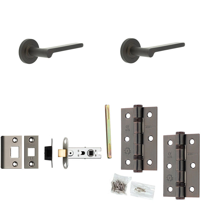 Door Handle Latch Dark Bronze Slim Rounded Lever Round Knurled Rose
