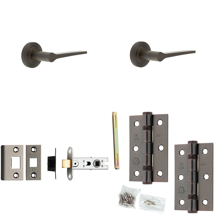 Door Handle Latch Dark Bronze Slim Tapered Lever Round Reeded Rose