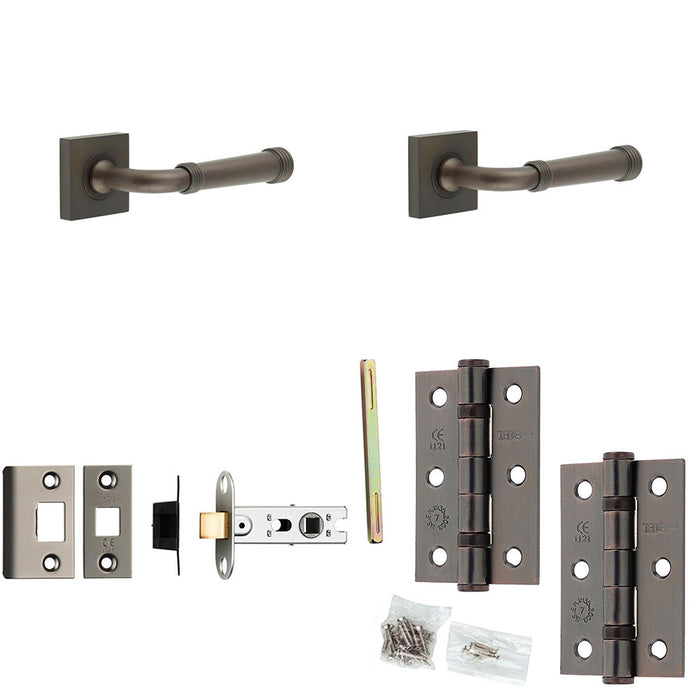 Door Handle Latch Dark Bronze Grooved Premium Rounded Lever Square Plain Rose