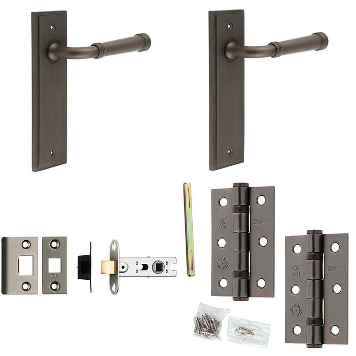 Door Handle Latch Dark Bronze Grooved Premium Rounded Lever Latch Backplate