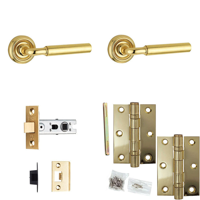 Door Handle Latch Polished Brass Premium Rounded Lever Round Recessed Rose