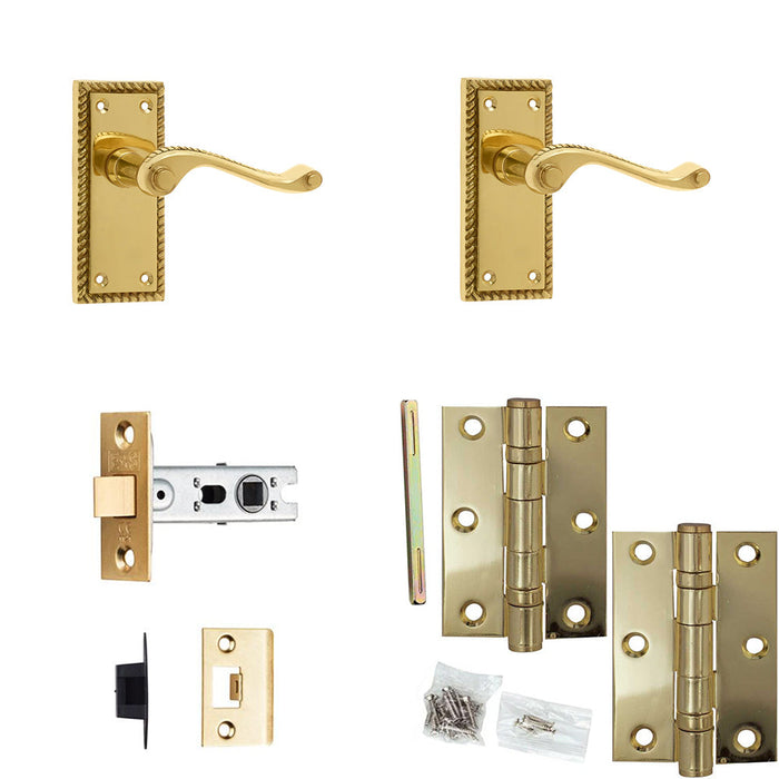 Door Handle Latch Polished Brass Sculpted Ridged Lever Latch Backplate