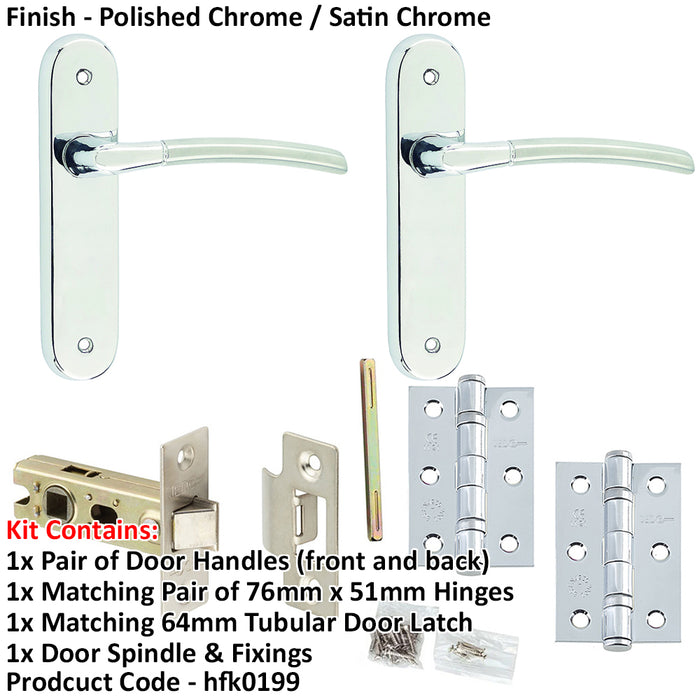 Door Handle & Latch Set Chrome Curved Lever Latch Backplate