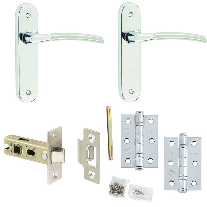 Door Handle & Latch Set Chrome Curved Lever Latch Backplate