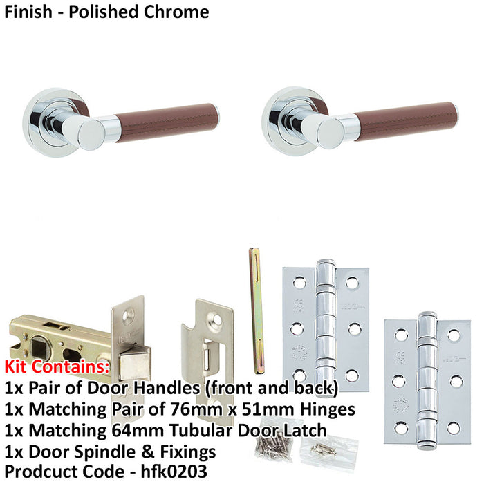 Door Handle Latch Chrome Premium Rounded Brown Leather Lever Round Plain Rose-1