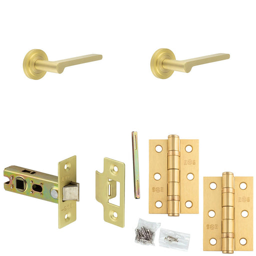 Door Handle Latch Satin Brass Slim Rounded Lever Round Stepped Rose