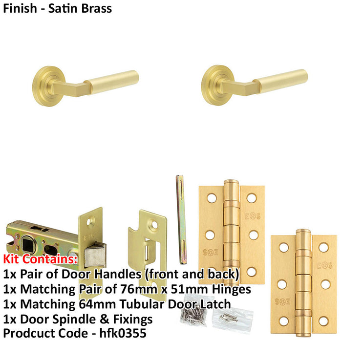 Door Handle Latch Satin Brass Mitred Premium Rounded Lever Round Stepped Rose-1