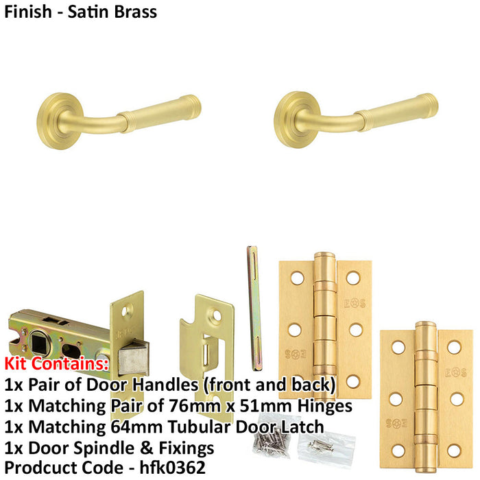 Door Handle Latch Satin Brass Grooved Premium Rounded Lever Round Stepped Rose-1