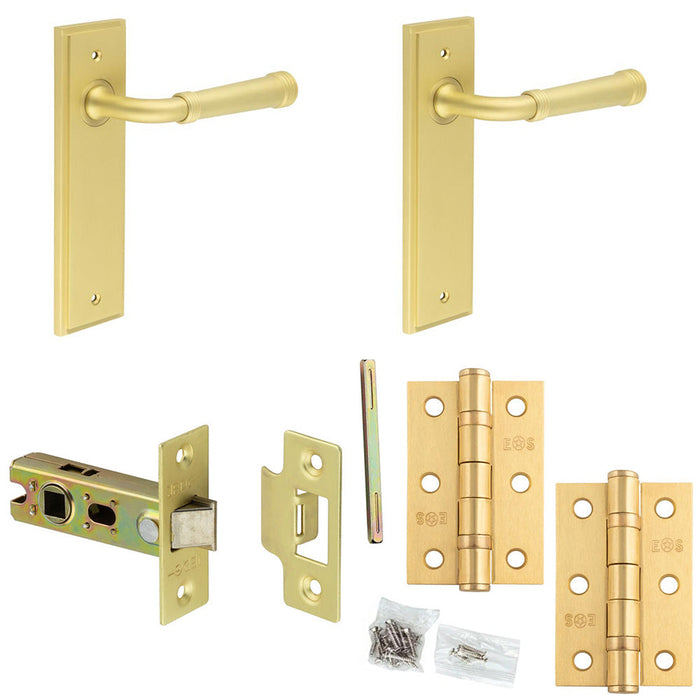 Door Handle Latch Satin Brass Grooved Premium Rounded Lever Latch Backplate