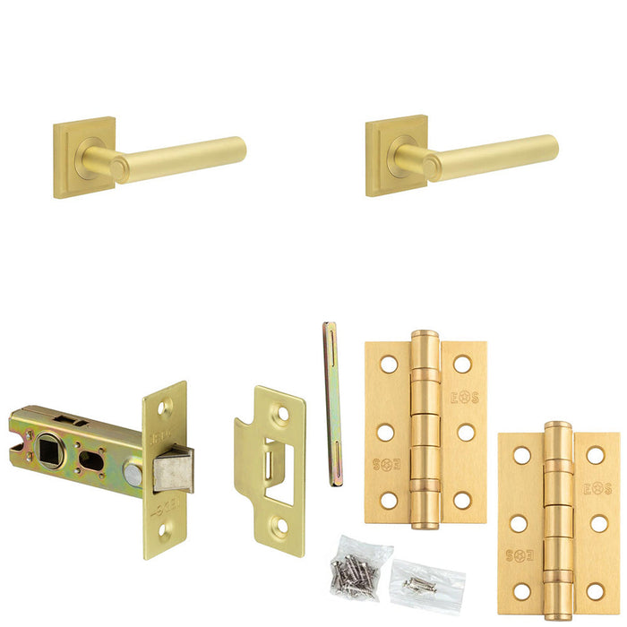 Door Handle Latch Satin Brass Premium Rounded Lever Square Stepped Rose