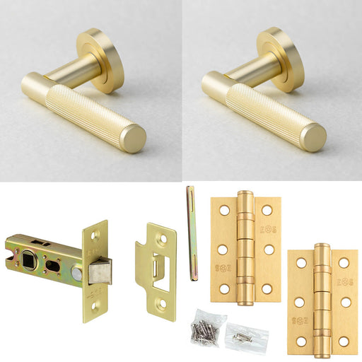 Door Handle Latch Satin Brass Knurled Premium Rounded Lever Round Plain Rose (1)