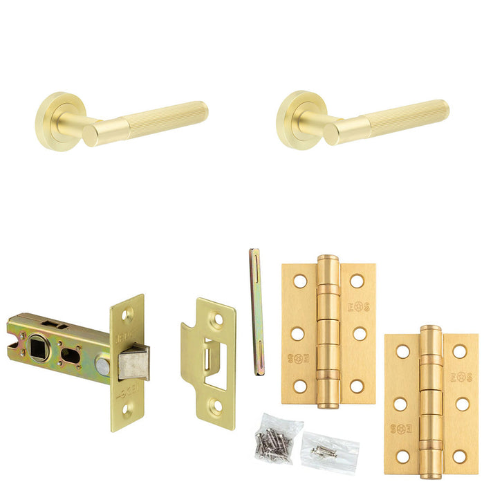 Door Handle Latch Satin Brass Ridged Premium Rounded Lever Round Plain Rose